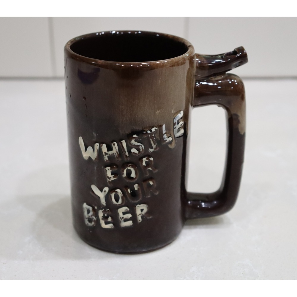 Vintage Artmark Japan Redware Whistle For Your Beer Mug Brown Drip Glaze Stein